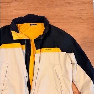 Nautica Mens Reversible Bomber Jacket Yellow Navy Cream Colorblock Windbreaker